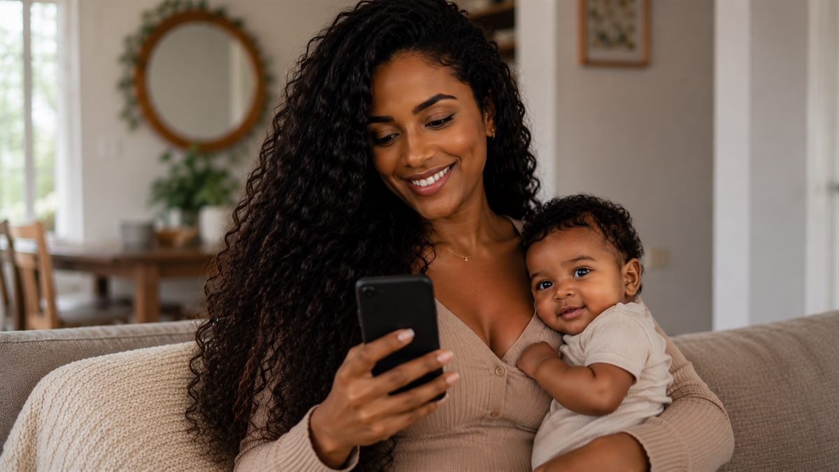 Mãe conferindo o pagamento do 13º salário na licença maternidade pelo celular