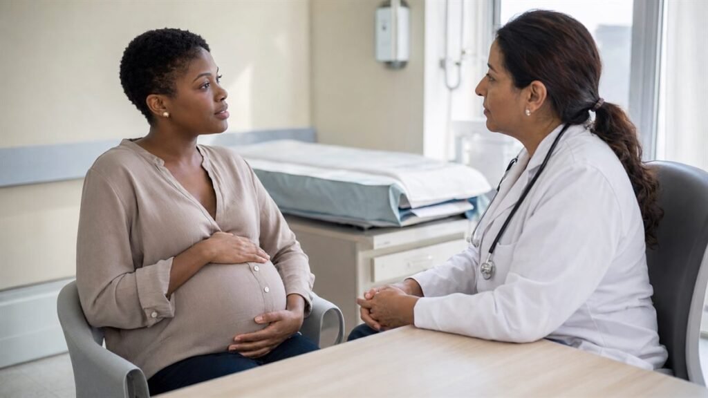 Gestante conversando com a médica sobre cesárea ou parto normal