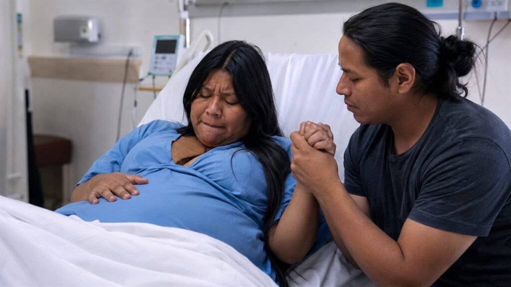 Gestante com acompanhante no parto segurando sua mão no hospital