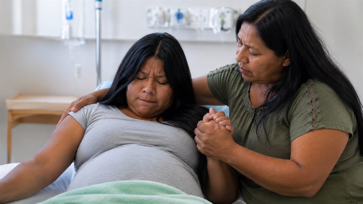 Gestante com acompanhante no parto segurando sua mão no hospital