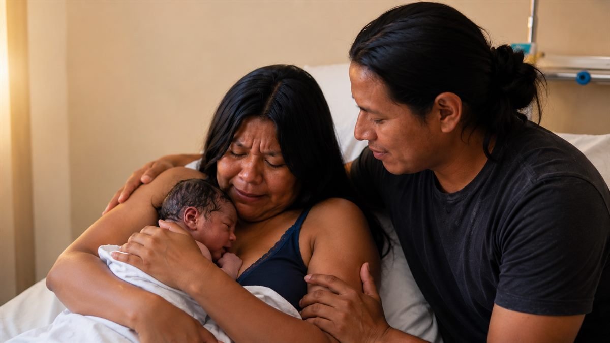 Mãe com o recém-nascido e o acompanhante logo após o parto