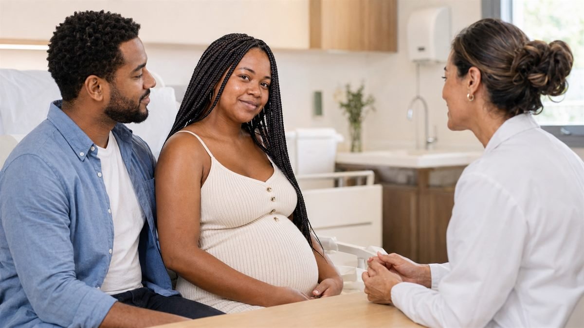Acompanhante é lei em todo parto Gestante com acompanhante conversando com médico na maternidade
