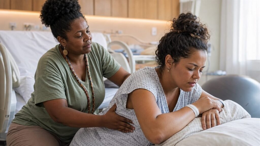 Doula no parto oferecendo apoio físico à gestante
