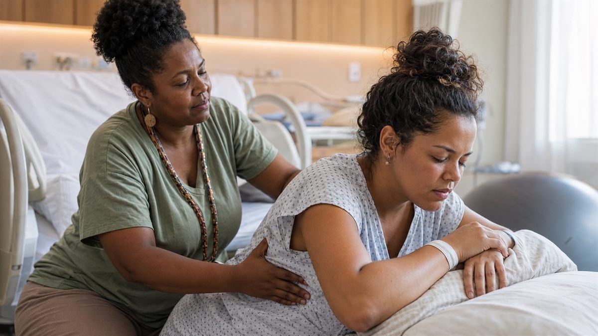 Doula no parto oferecendo apoio físico à gestante