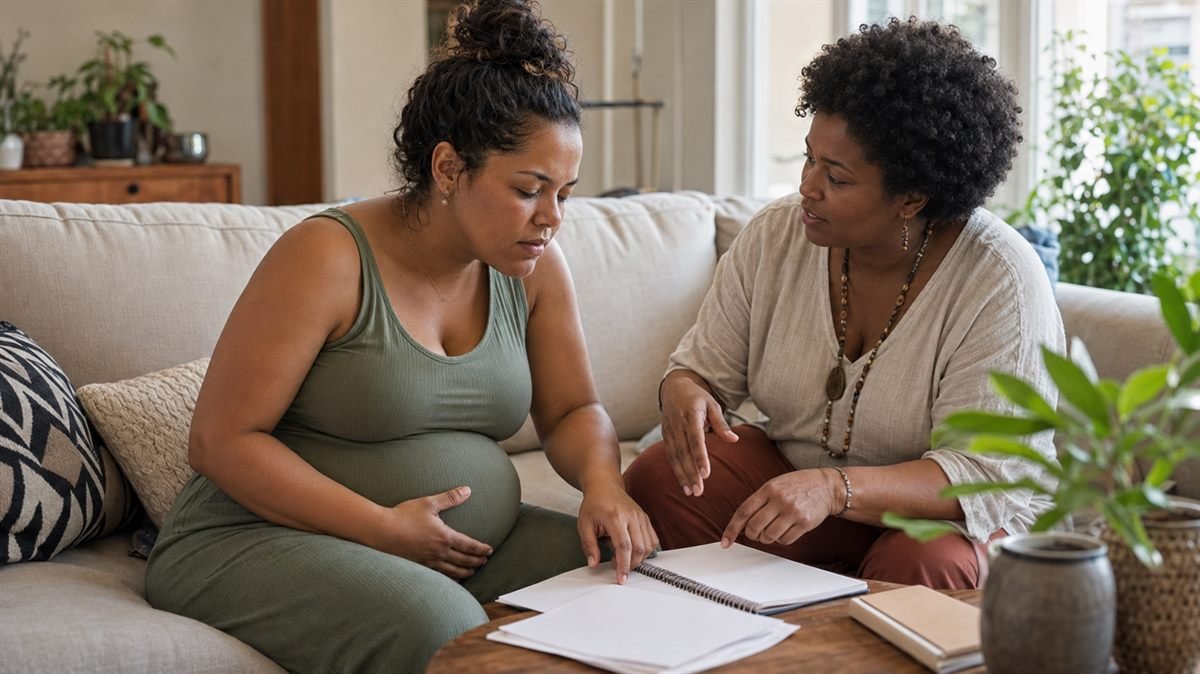 Acompanhante e doula no parto apoiando a mulher juntos