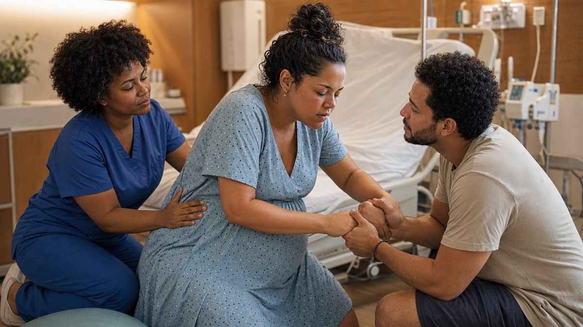 Doula no parto oferecendo apoio físico à gestante