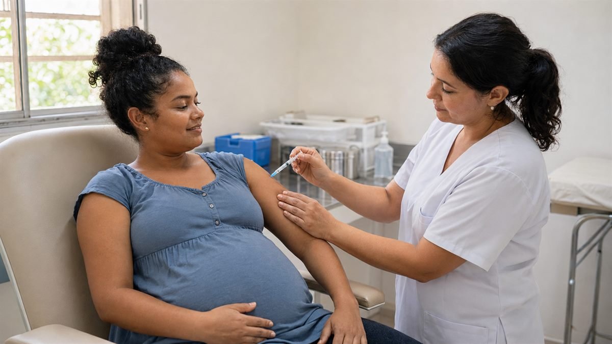 Vacinas da gestante são gratuitas Gestante recebendo vacina gratuita durante o pré-natal pelo SUS