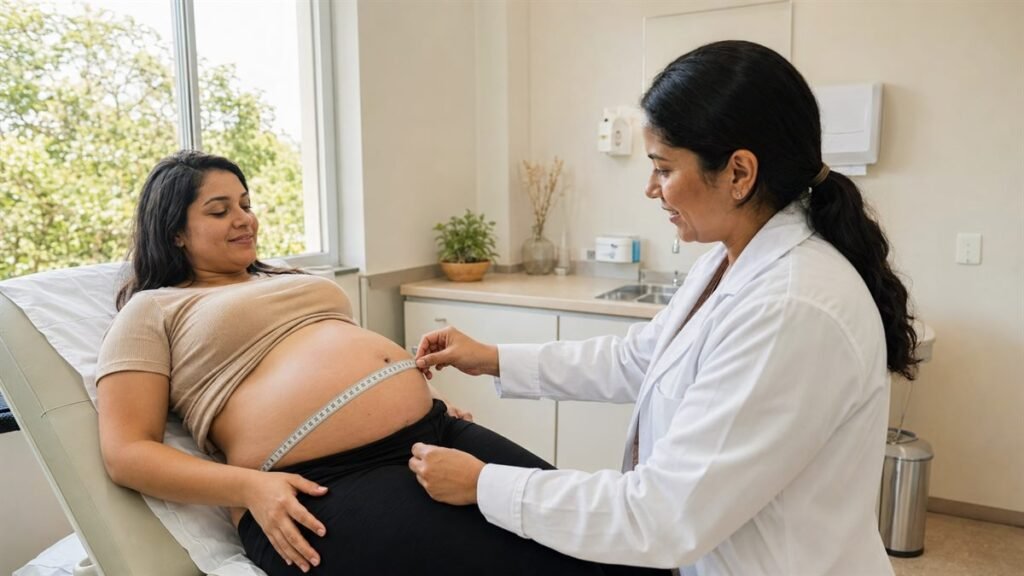 Gestante em consulta, exercendo o direito de faltar para o pré-natal