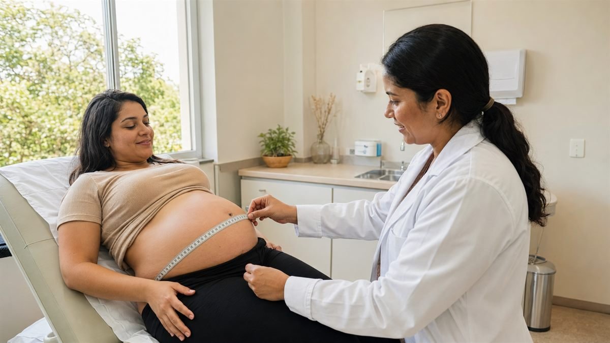 Gestante em consulta, exercendo o direito de faltar para o pré-natal
