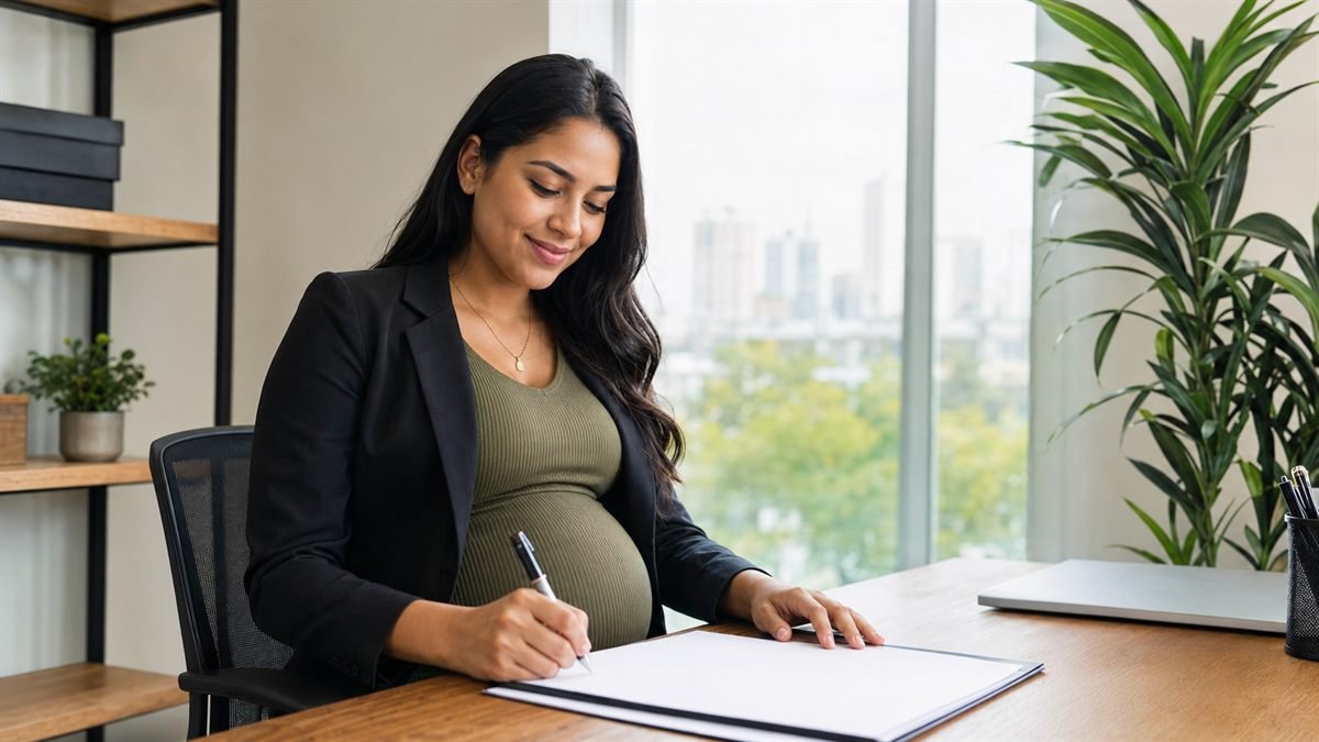Grávida em contrato de experiência assinando o contrato de trabalho