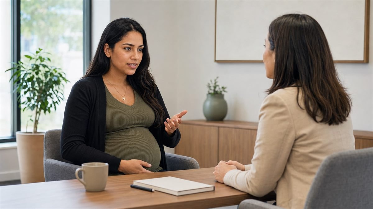 Gestante conversando com o RH sobre seus direitos no contrato