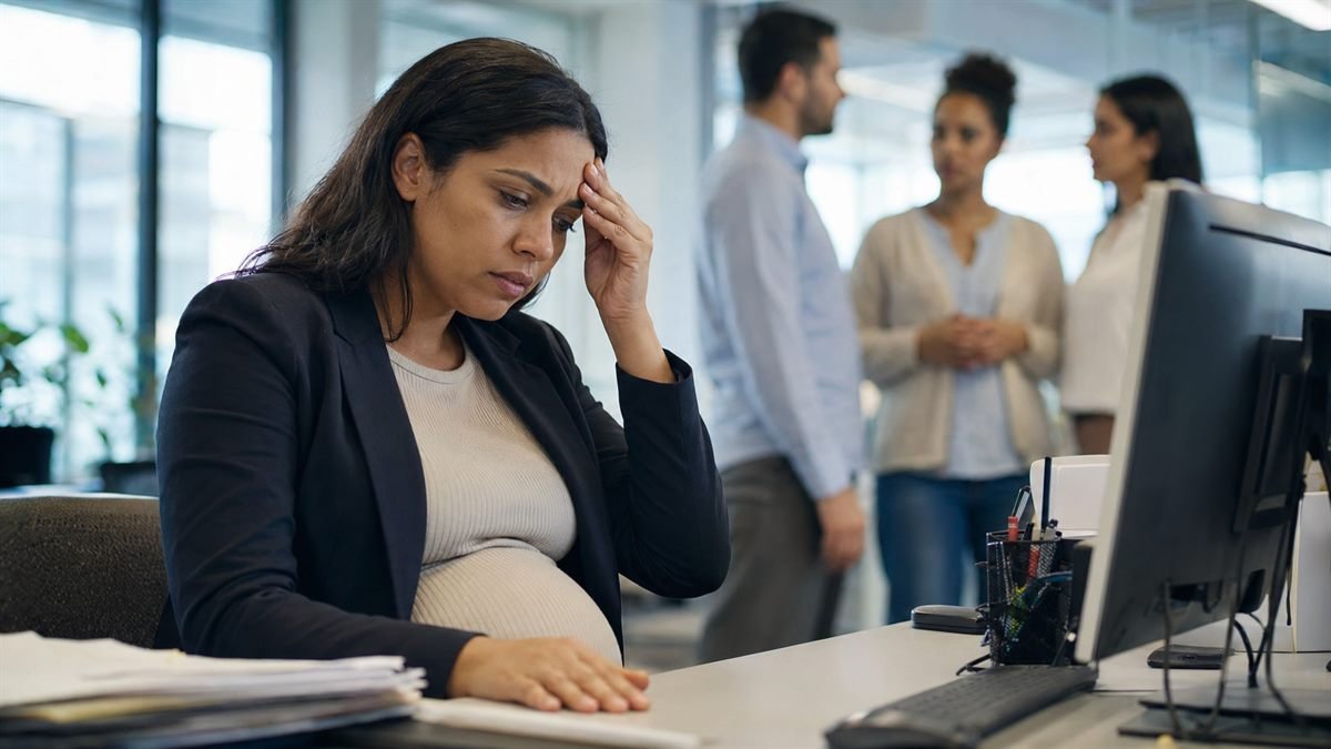 Gestante sofrendo humilhação por estar grávida no ambiente de trabalho