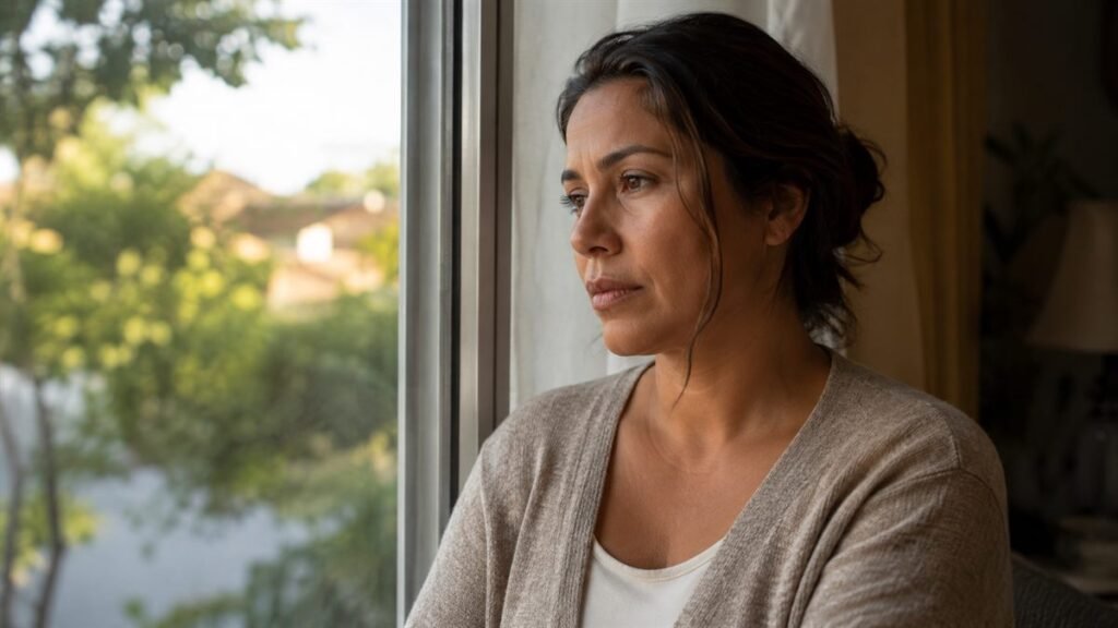 Mulher em casa durante a licença após aborto espontâneo