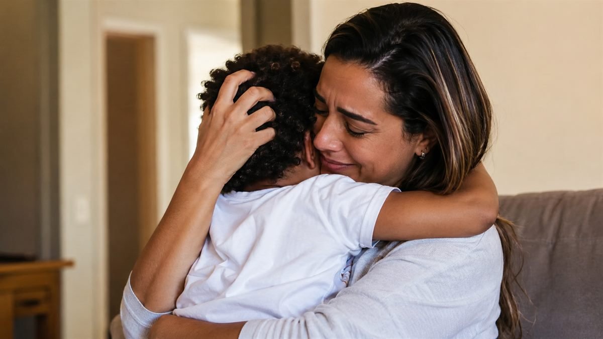 Mãe abraçando o filho recém-chegado, início da licença maternidade na adoção