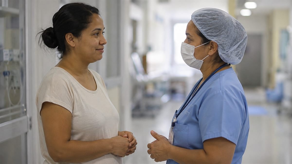 Mãe conversando com a equipe da UTI neonatal sobre a internação