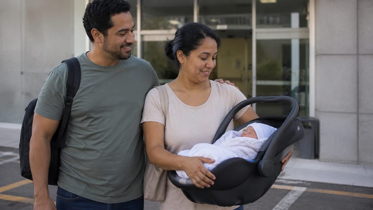 Família saindo do hospital com o bebê na alta, quando a licença começa a contar