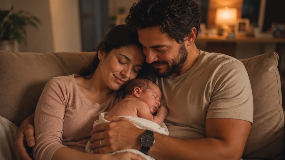 Família completa nos primeiros dias Casal com o bebê em casa nos primeiros dias de vida