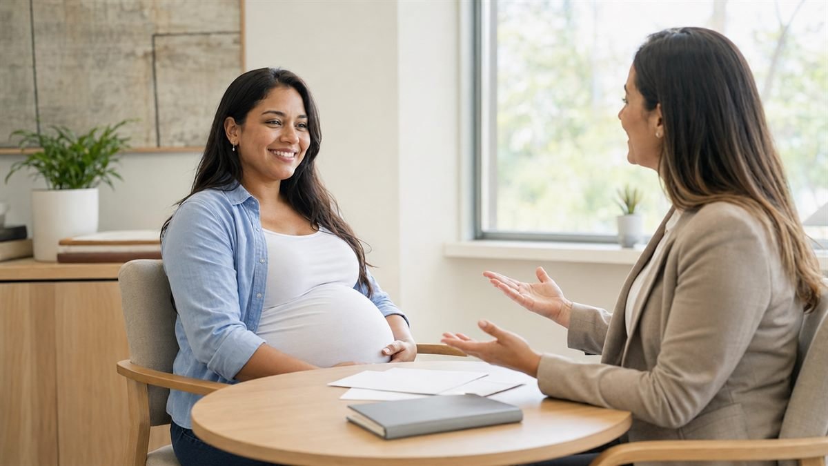 O pedido é simples, com respaldo médico Grávida conversando com o supervisor sobre readaptação de tarefas