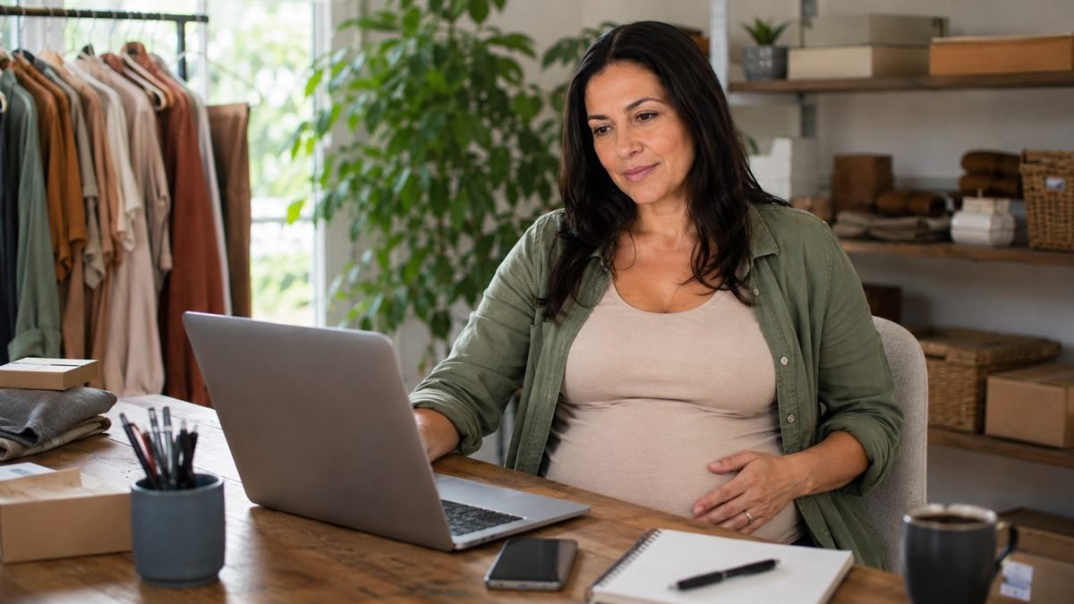 Empreendedora grávida tranquila com o salário-maternidade garantido