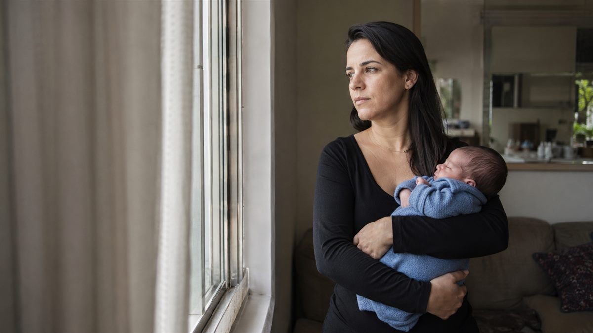 Mãe refletindo sobre o parto que viveu, com o bebê no colo