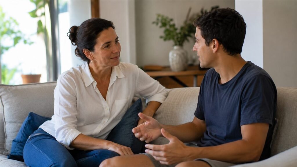 Mãe conversando com o filho já maior de idade sobre a pensão alimentícia