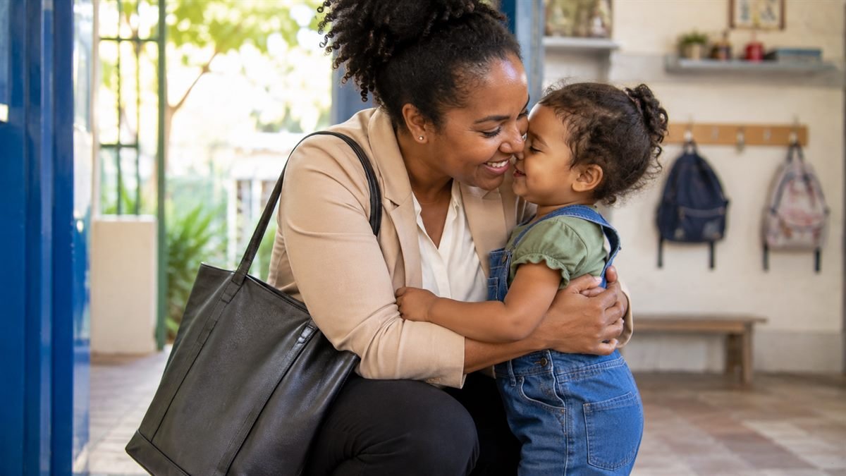 Mãe deixando o filho na creche antes do trabalho com auxílio-creche
