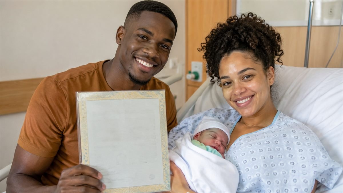 Pais com a certidão de nascimento do bebê na maternidade