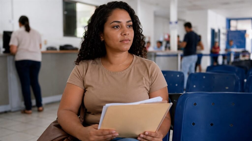 Mãe aguardando atendimento na Defensoria Pública para pedir pensão