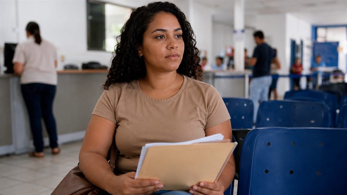 Mãe aguardando atendimento na Defensoria Pública para pedir pensão