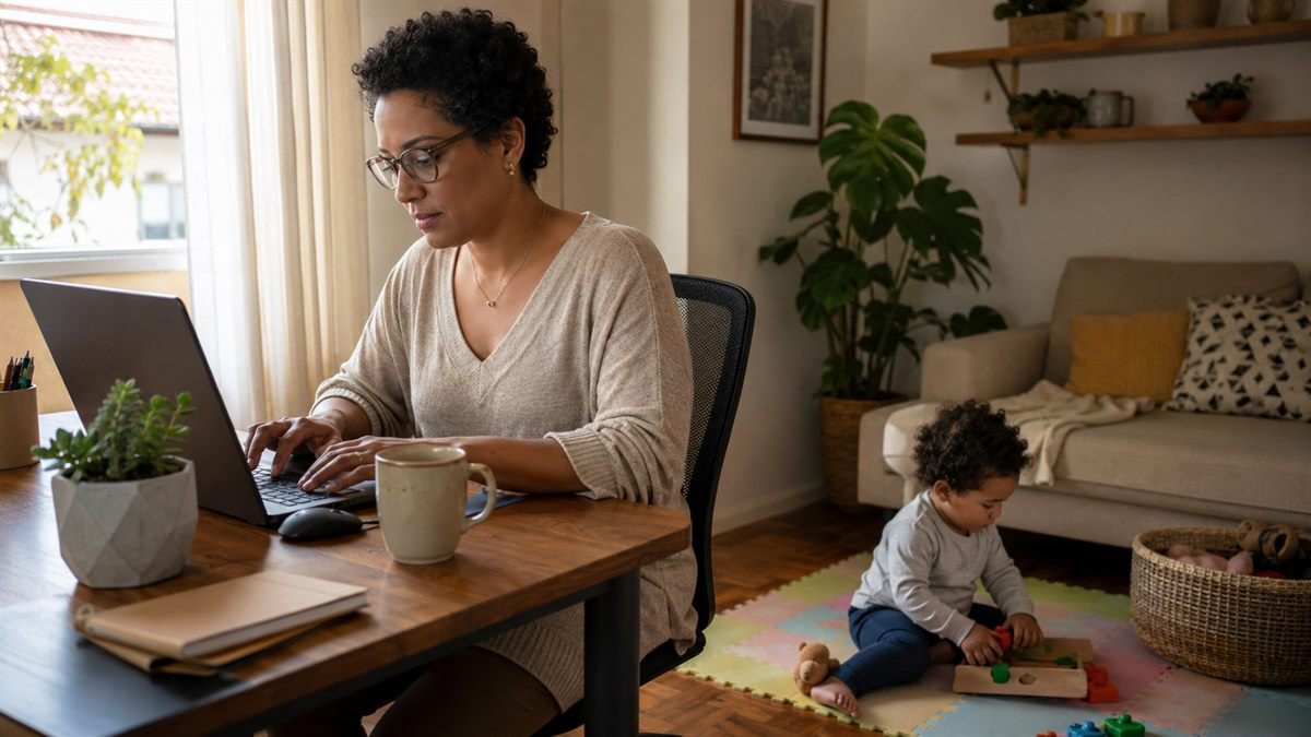 Home office para mães com filho pequeno em casa