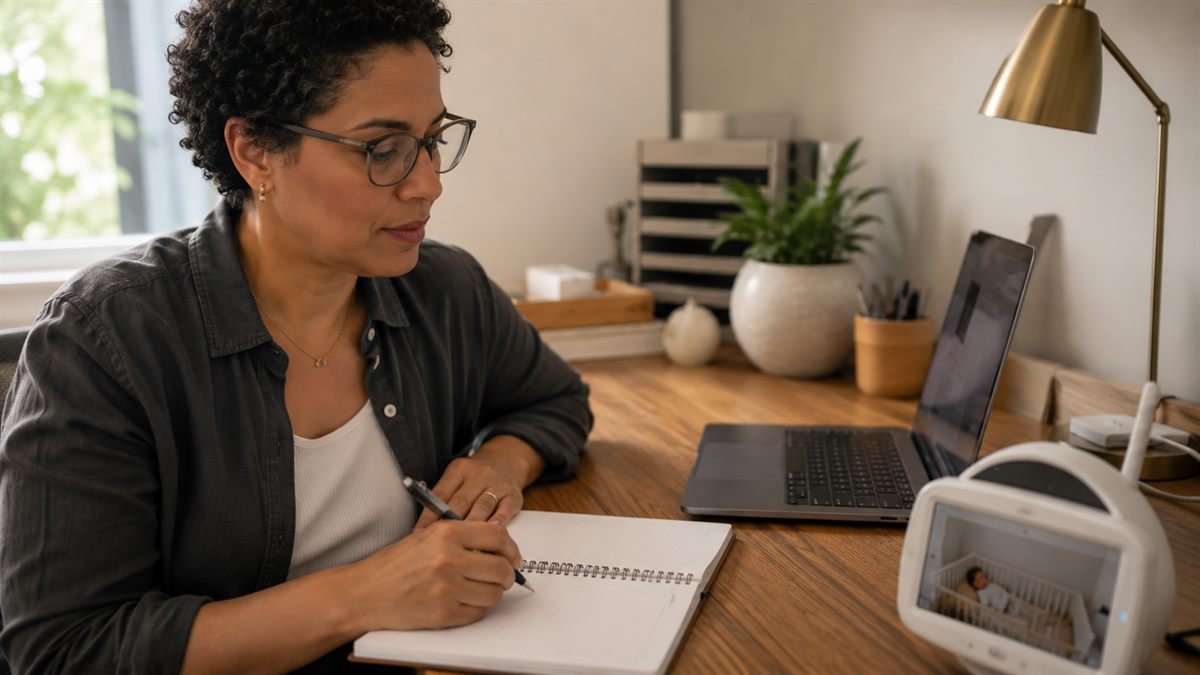 Estação de trabalho em home office de uma mãe