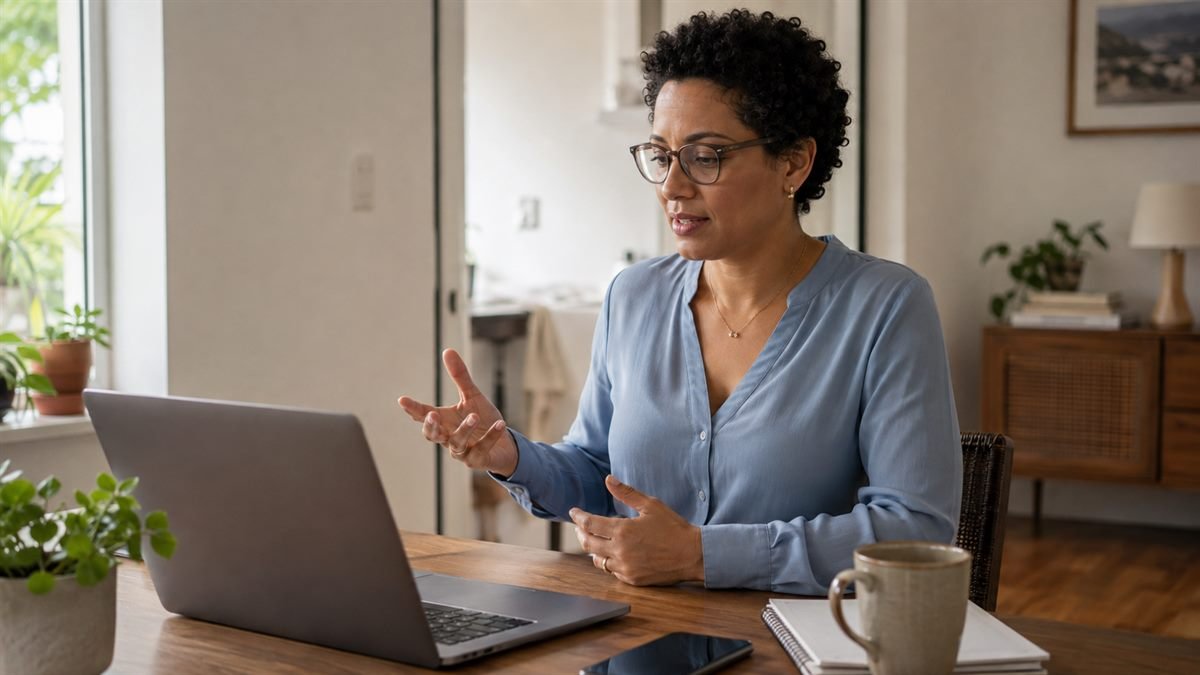 Mãe em reunião por vídeo no home office
