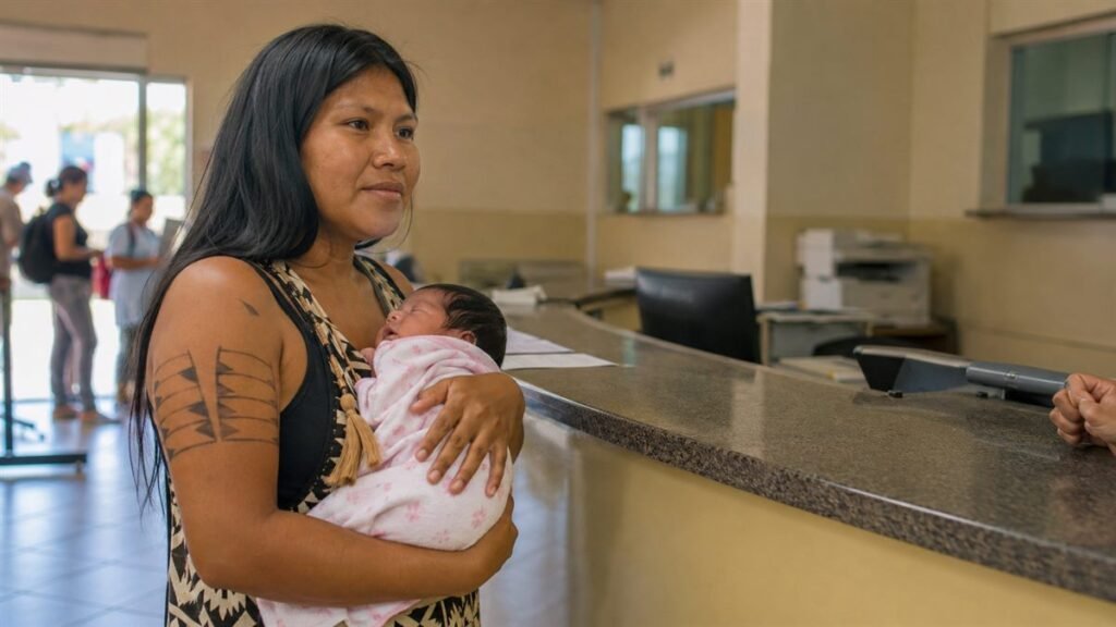 Mãe registrando o bebê sem o pai presente no cartório