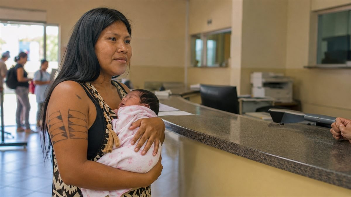 Mãe registrando o bebê sem o pai presente no cartório
