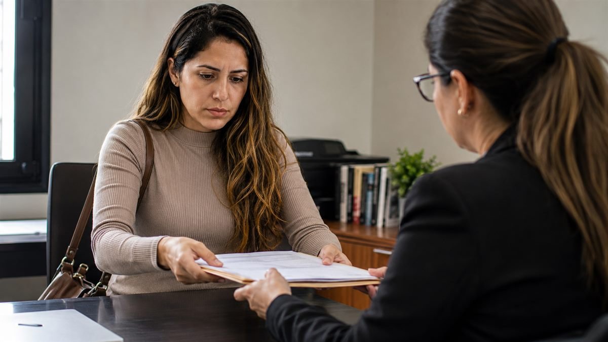 Mãe entregando os comprovantes na Defensoria para pedir revisão