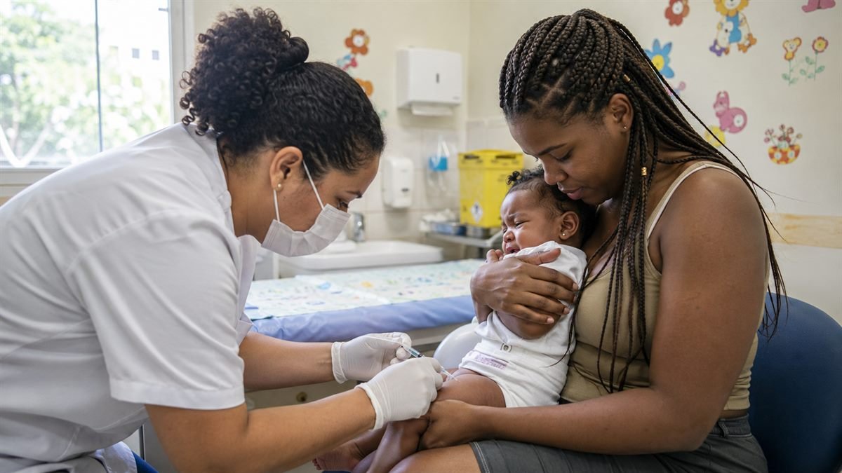 Bebê recebendo as vacinas do primeiro ano na UBS