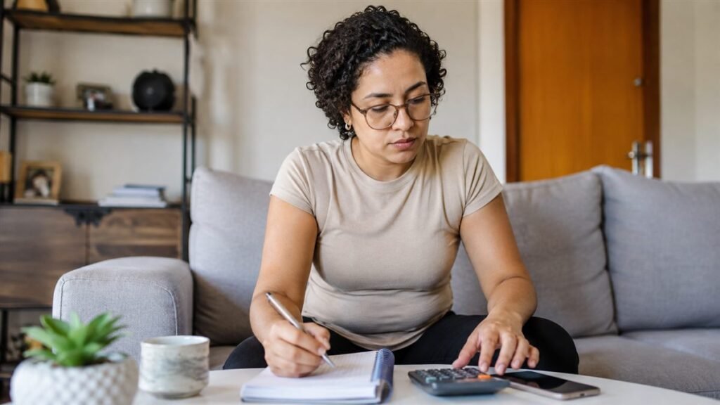 Mãe calculando quanto custa o sustento mensal do filho