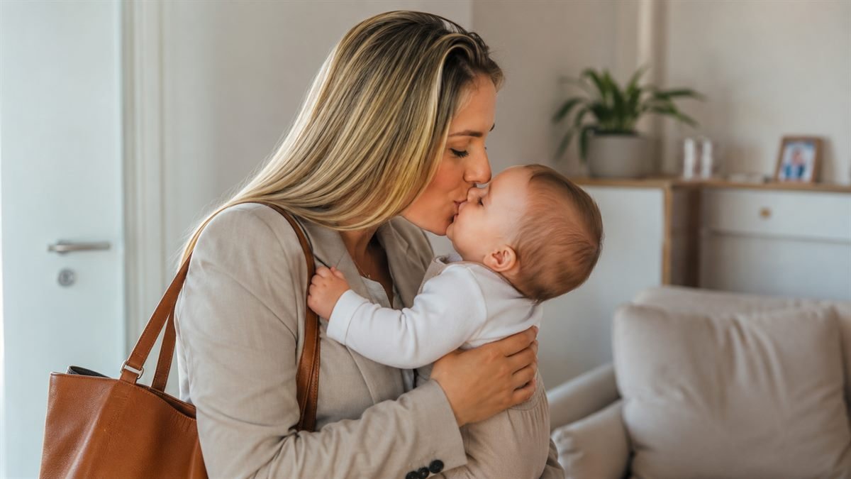 Mãe se despedindo do bebê ao voltar ao trabalho depois da licença