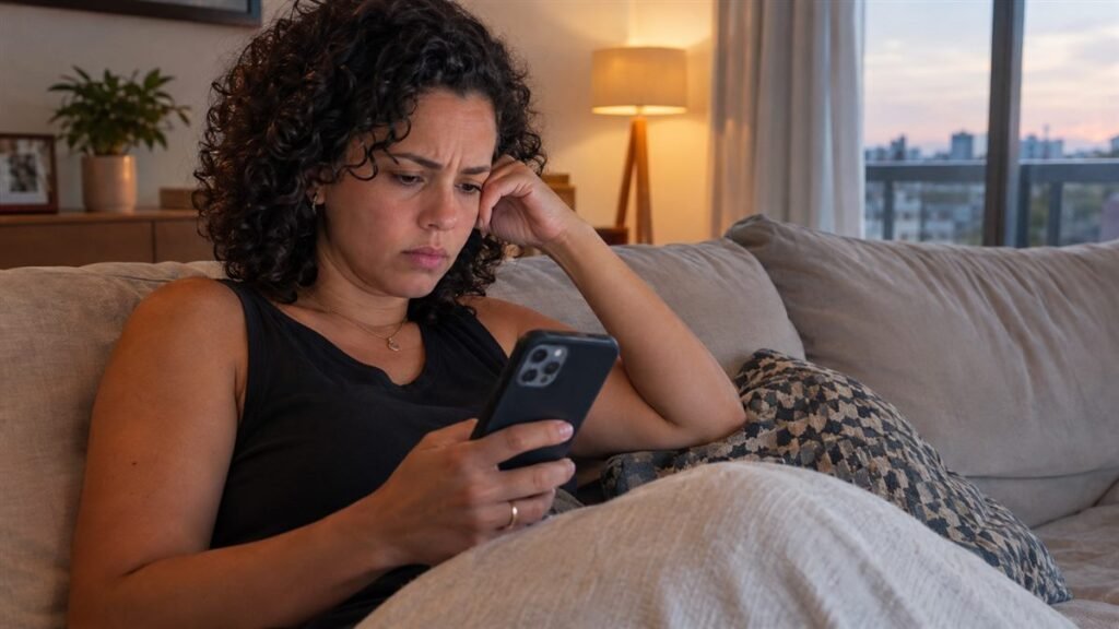 Mãe lendo mensagens em casa, o ambiente onde a alienação parental aparece