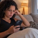 Mãe lendo mensagens em casa, o ambiente onde a alienação parental aparece