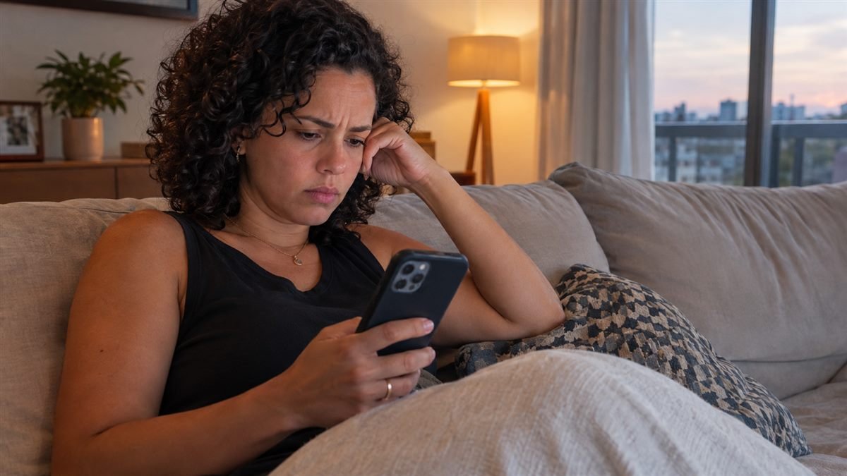 Mãe lendo mensagens em casa, o ambiente onde a alienação parental aparece
