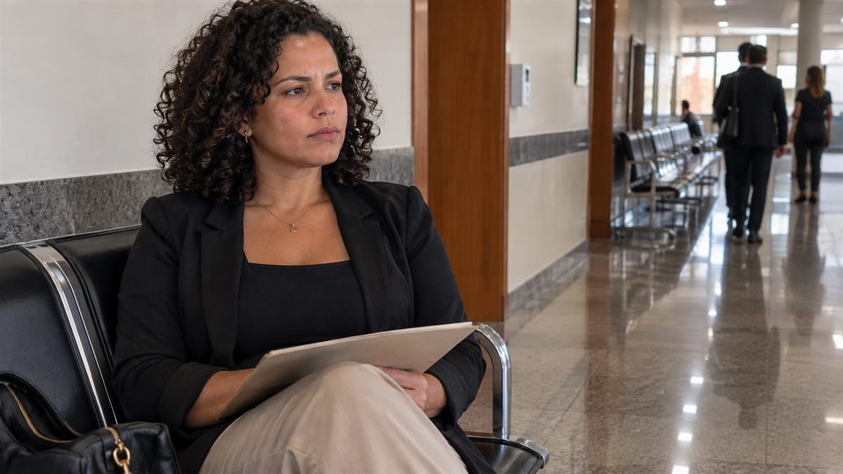 Mãe esperando no fórum com a pasta de documentos do processo