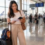 Mãe no aeroporto conferindo os documentos antes de viajar com o filho