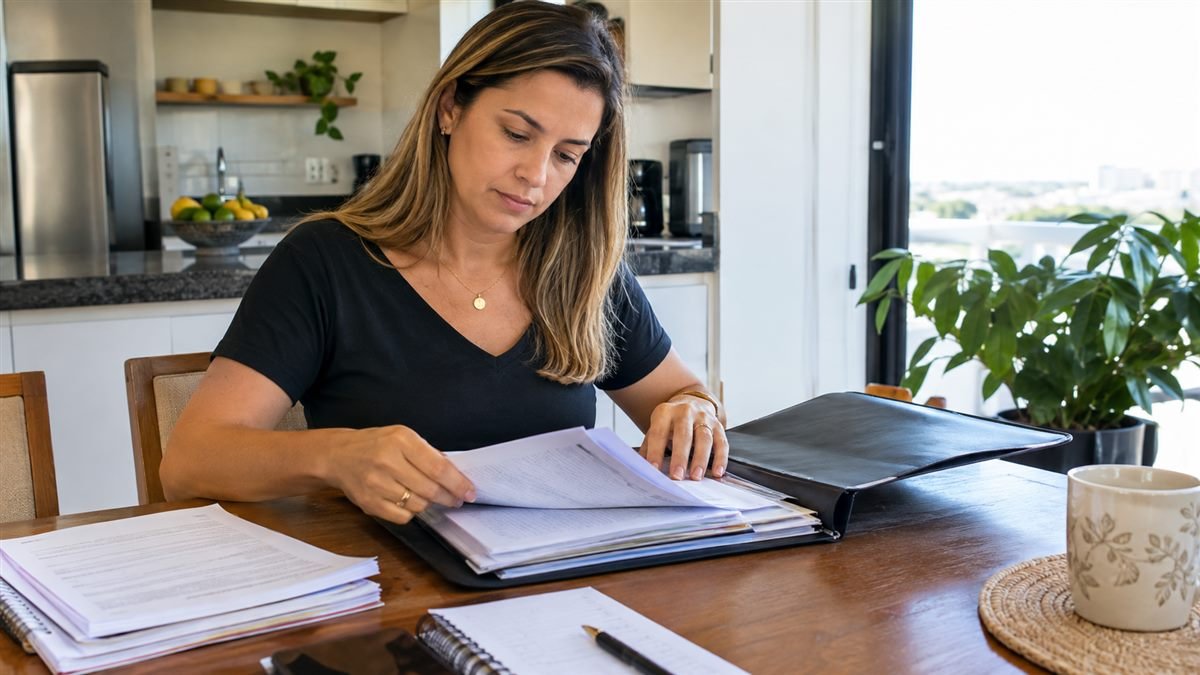 Mãe organizando os documentos para pedir a guarda do filho
