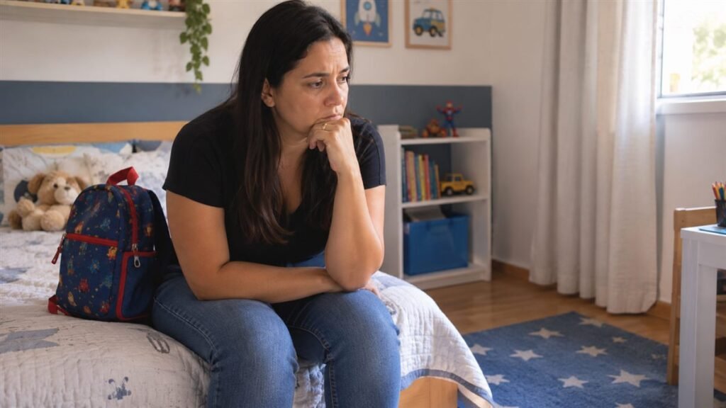 Mãe preocupada ao lado da mochila pronta que o filho não quer levar