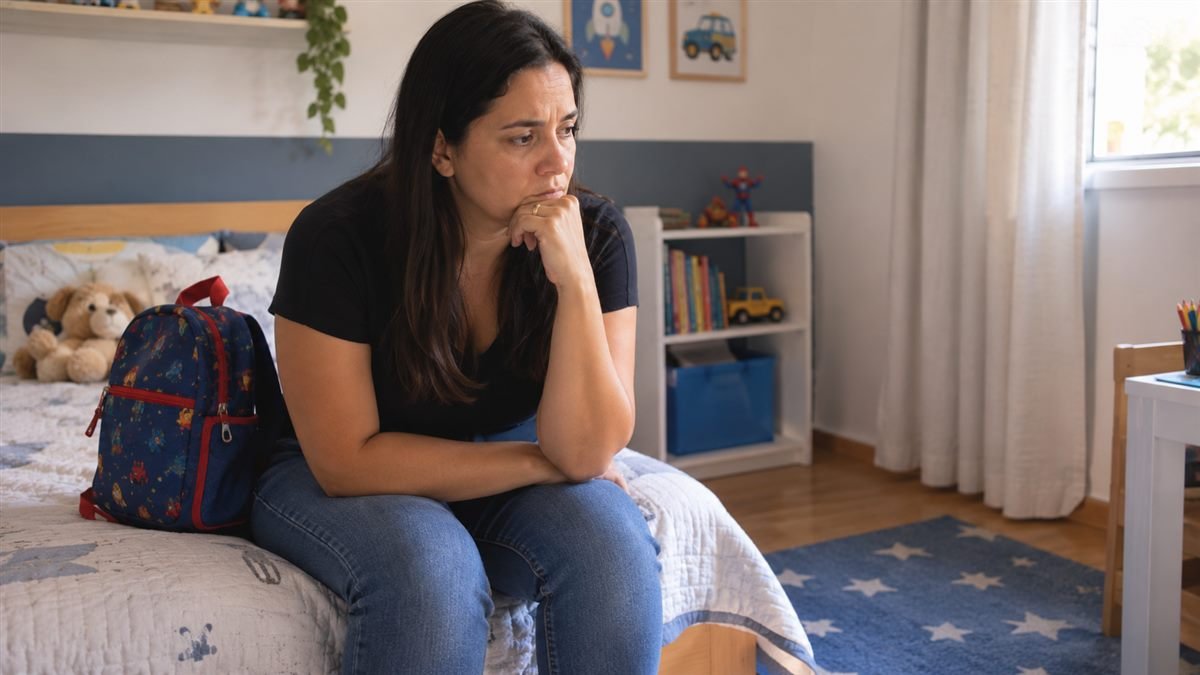 Mãe preocupada ao lado da mochila pronta que o filho não quer levar
