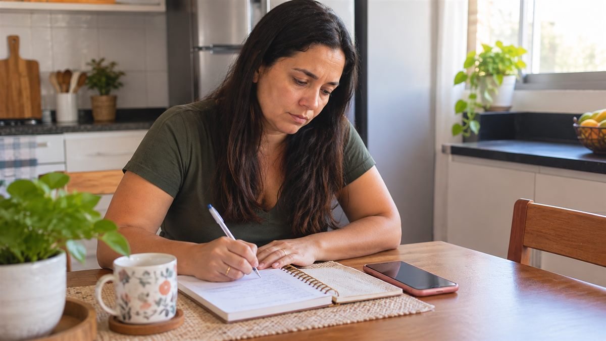 Registrar cada episódio protege a mãe de acusação Mãe anotando datas e mensagens para registrar cada recusa