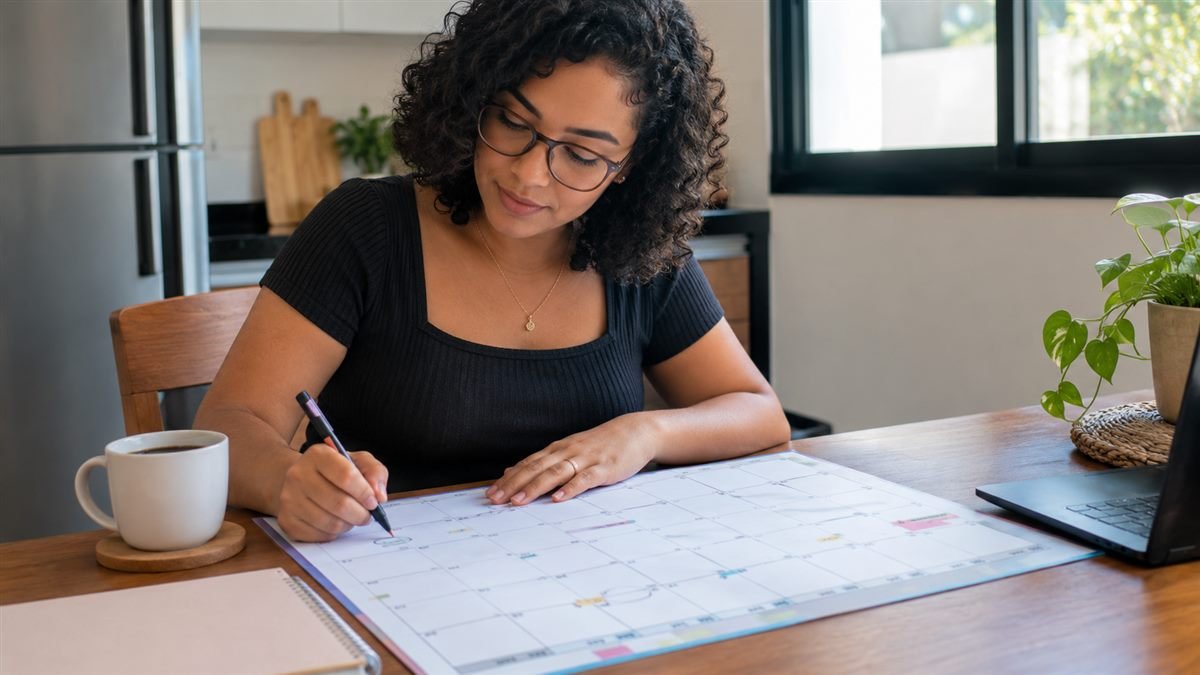Mãe marcando no calendário os dias de convivência do filho