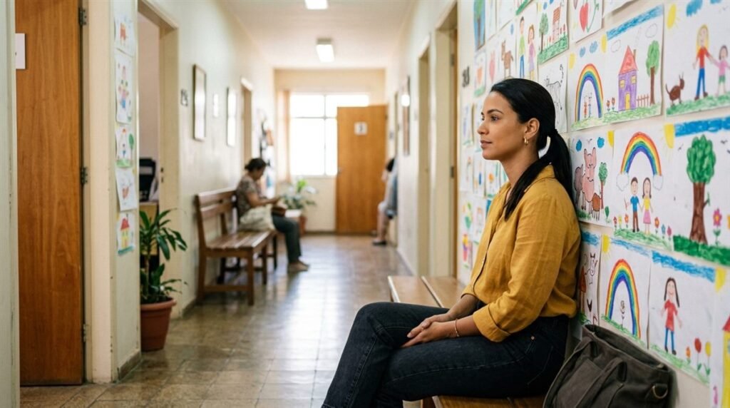 Mãe esperando enquanto o filho autista faz terapia coberta pelo plano de saúde