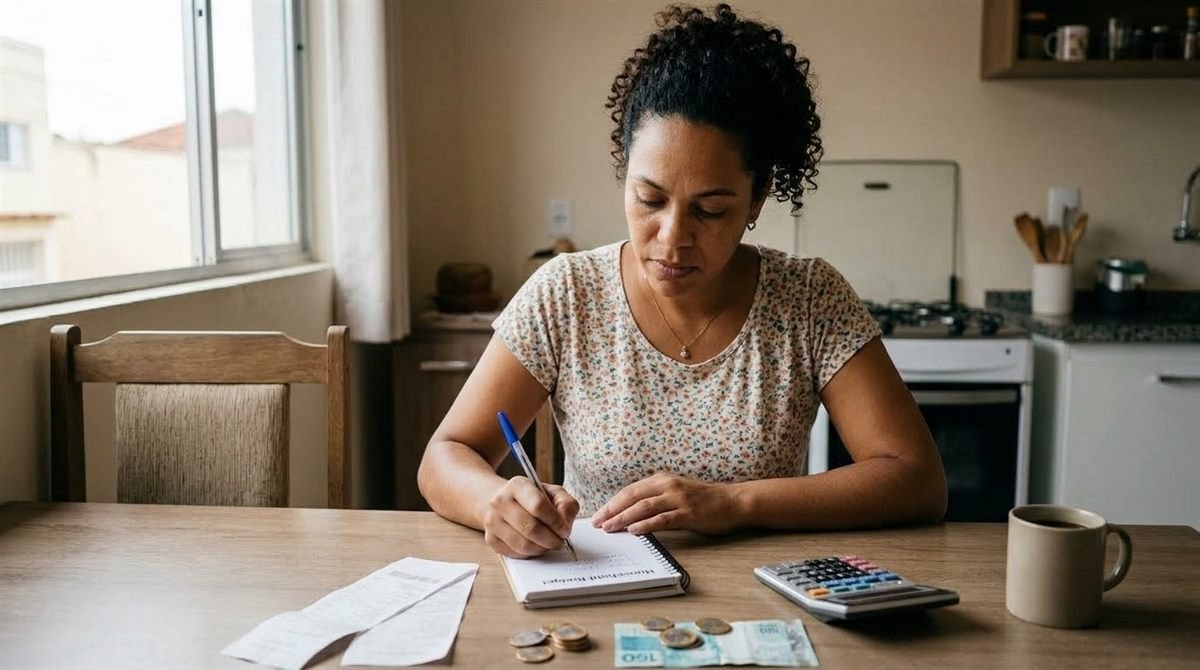 Mãe organizando o orçamento da casa com o valor do BPC